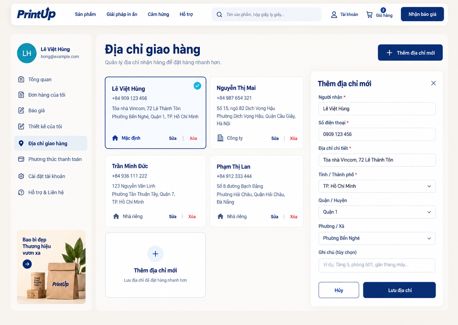 Chọn / thêm / sửa địa chỉ — bố cục desktop