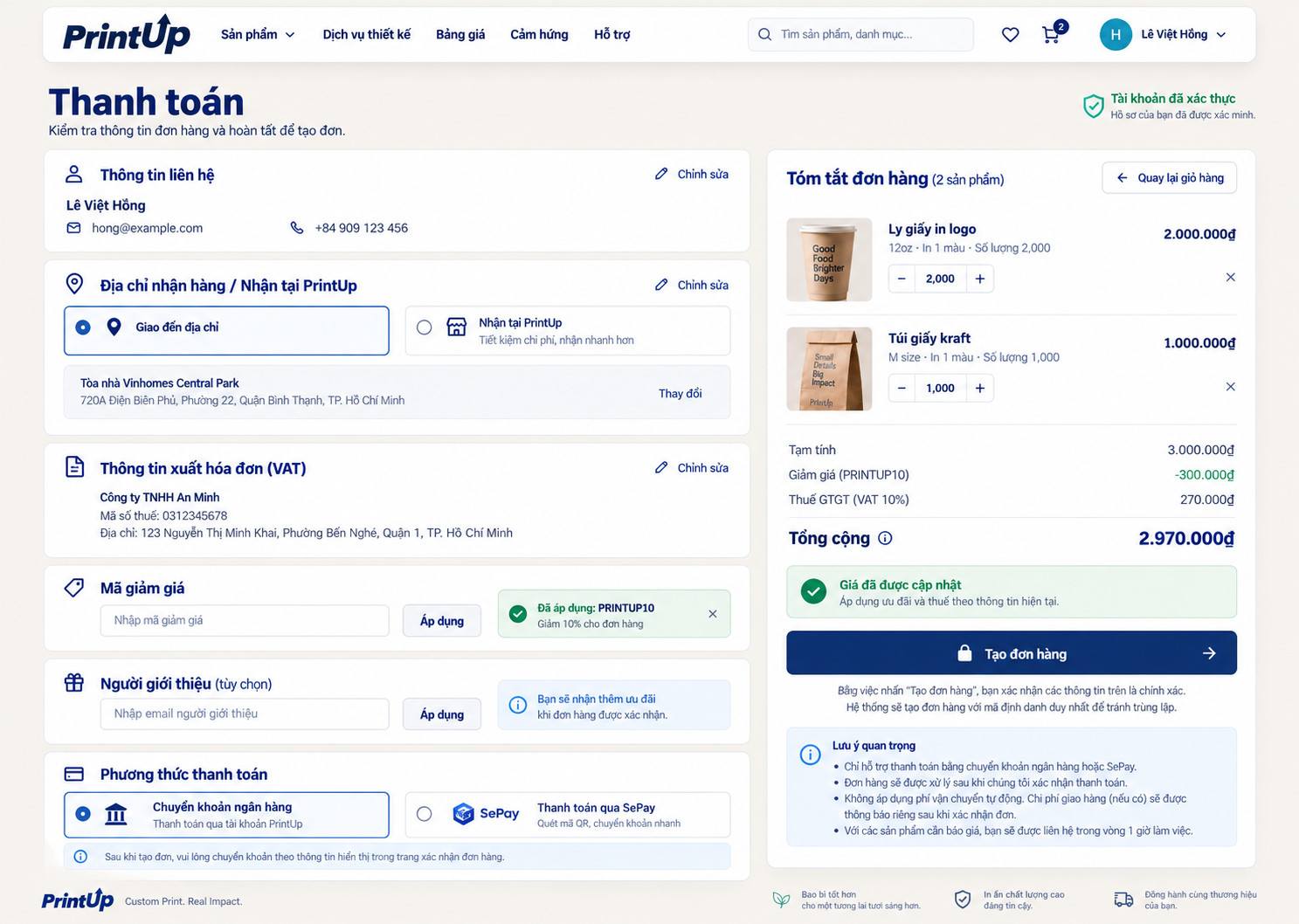 Xác nhận checkout — bố cục desktop