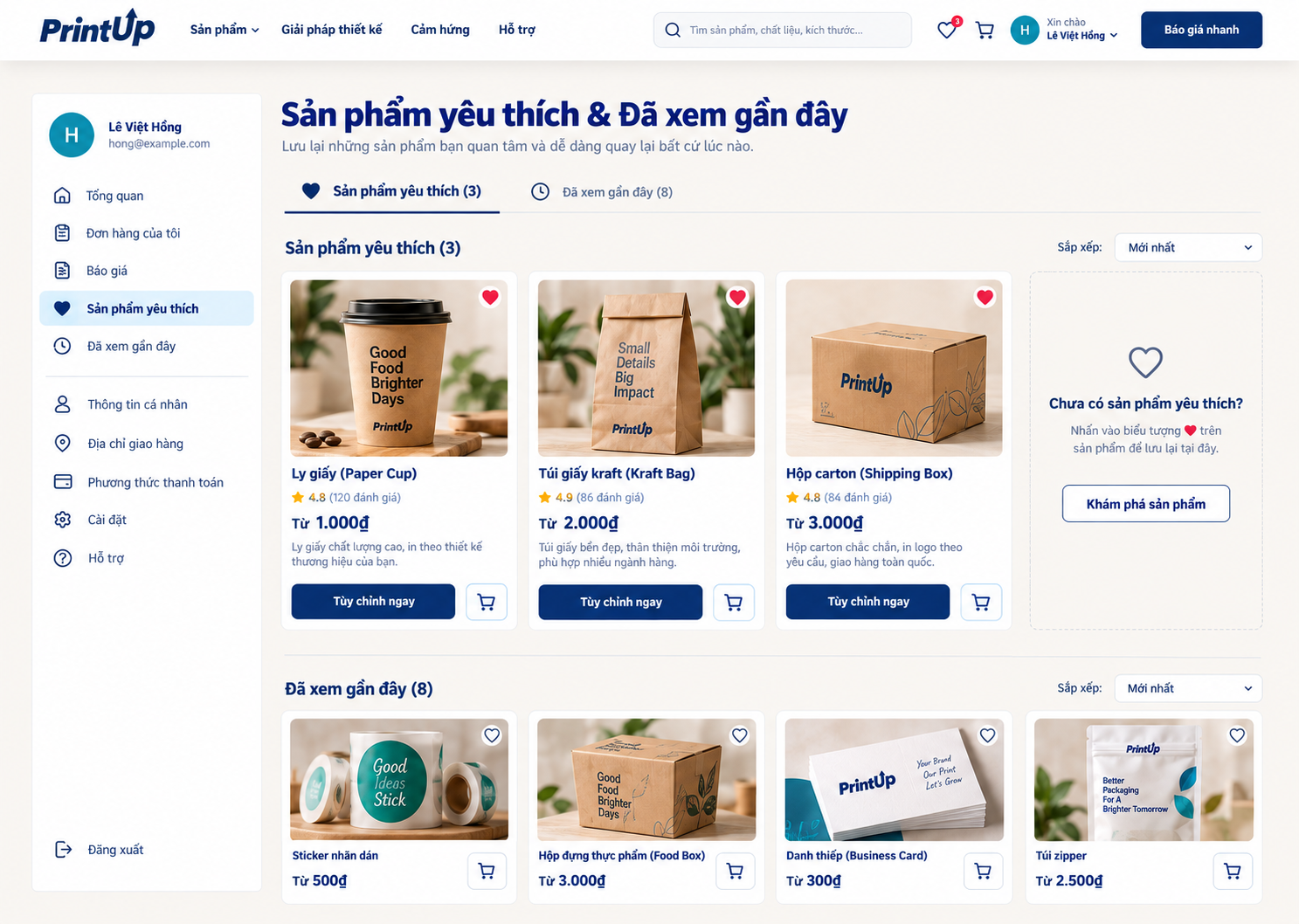Yêu thích & đã xem gần đây — bố cục desktop