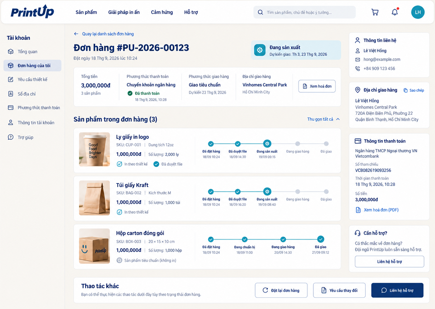 Chi tiết đơn hàng / timeline theo sản phẩm — bố cục desktop