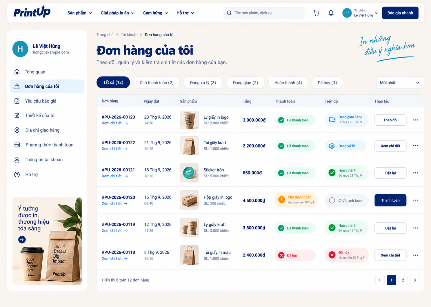 Đơn hàng của tôi — bố cục desktop
